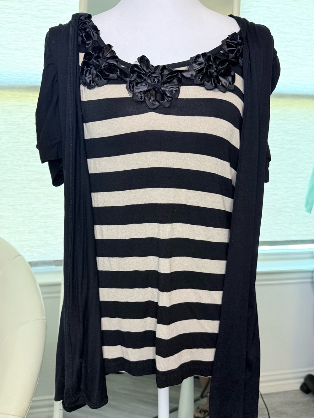 INC International Concepts Black & Cream Striped Tunic with Floral Appliqué